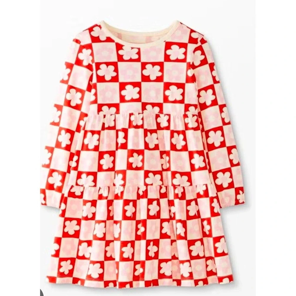 Hanna Andersson Girls Red Pink‎ Checkered Floral Tiered Long Sleeve Dress Size 8